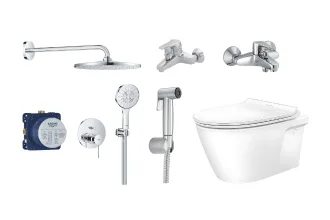 Sanitaryware products including mixers, basins, toilets, and bathroom accessories at sanitary ware and electrical materials store in UAE